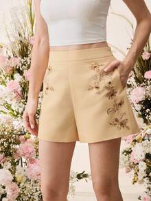 Anewsta 女士休闲优雅刺绣串珠短裤 - 黃色 - 查看 4