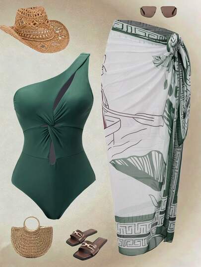 Swim Oasis Women's Solid Color Twist Ruched One-Piece Swimsuit And Skirt Set, Suitable For Beach Vacation, Pool Party, Beach Party