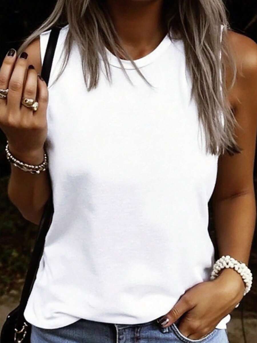 EMERY ROSE 女士休闲纯色圆领百搭背心，夏季 - 白色 - 查看 1