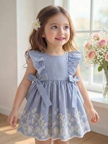 SHEIN LMoss Kids Babygirl Cute Casual Summer Striped Embroidered Peter Pan Collar Dress - Blue - View 8