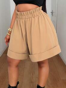 Maweii Plus Size Casual Loose A-Line Cuffed Hem Shorts - Khaki - View 4
