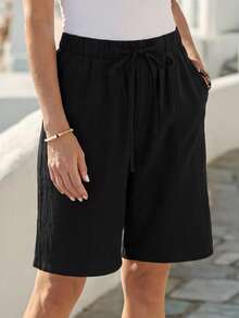 EMERY ROSE Linen Bermuda Shorts, Linen Solid Color Knee-Length Shorts With Side Pockets, High Waist And Loose Fit, Fashion Basics - Black - View 4