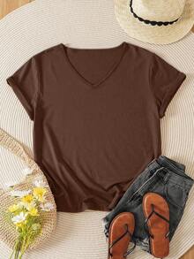 EMERY ROSE Plus Size Women Summer Casual V-Neck T-Shirt - Brown - View 1