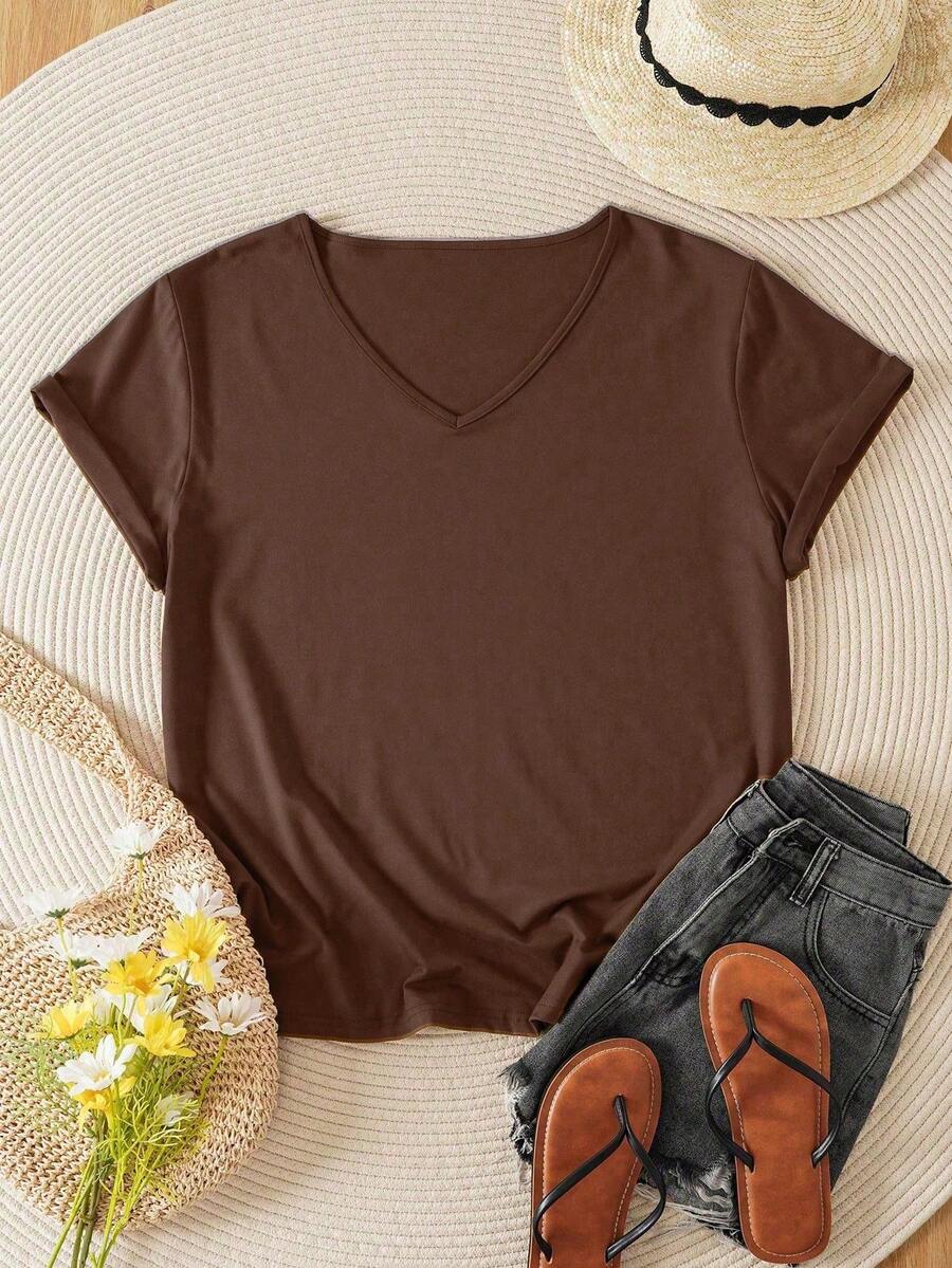 EMERY ROSE Plus Size Women Summer Casual V-Neck T-Shirt - Brown - View 1