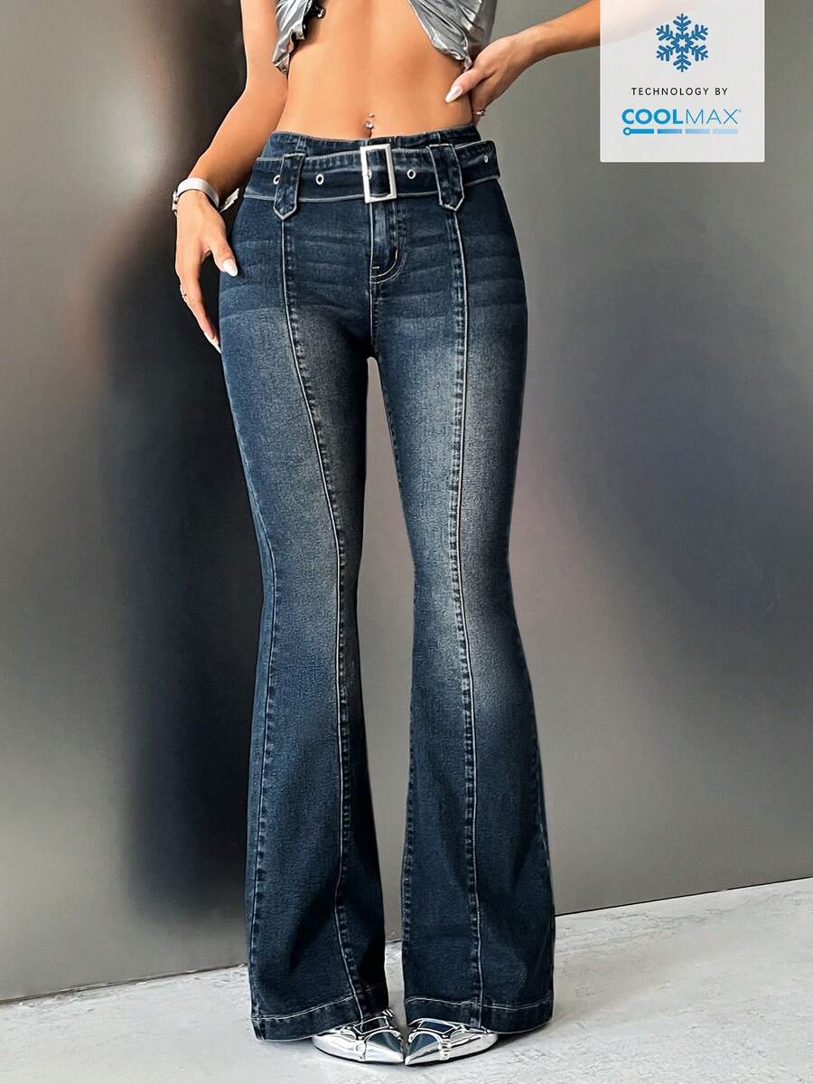 SHEIN ICON 女士休闲百搭日常穿搭喇叭牛仔裤 - 深色水洗藍 - 查看 1
