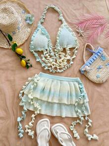 Soleia Conjunto de top halter de punto con volantes y falda midi de punto con doble volante para mujer - Multicolor - Ver 4