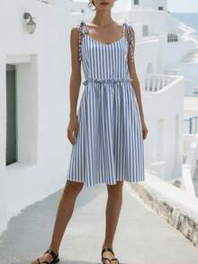 Breezaya 女士条纹休闲度假吊带裙 - 藍白色 - 查看 4