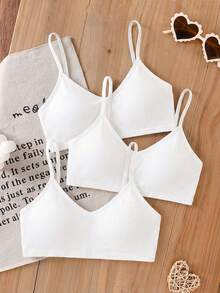 SHEIN 3 piezas Conjunto de lencería básica con cuello en V acolchado y transpirable para niñas preadolescentes, color blanco - Blanco - Ver 3