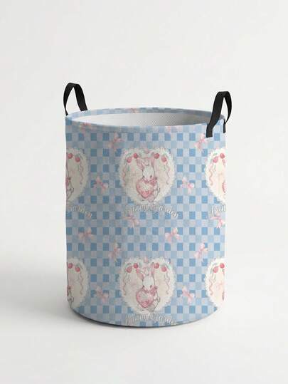 ROMWE Kawaii Rabbit Heart Blue Checkered Pattern Printed Circular Storage Box, Suitable For Storing Clothes And Books, Convenient For Laundry Baskets
