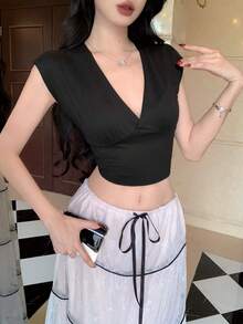 DAZY 女款素色深V領短袖修身內搭上衣 夏季 - 黑色 - 查看 7