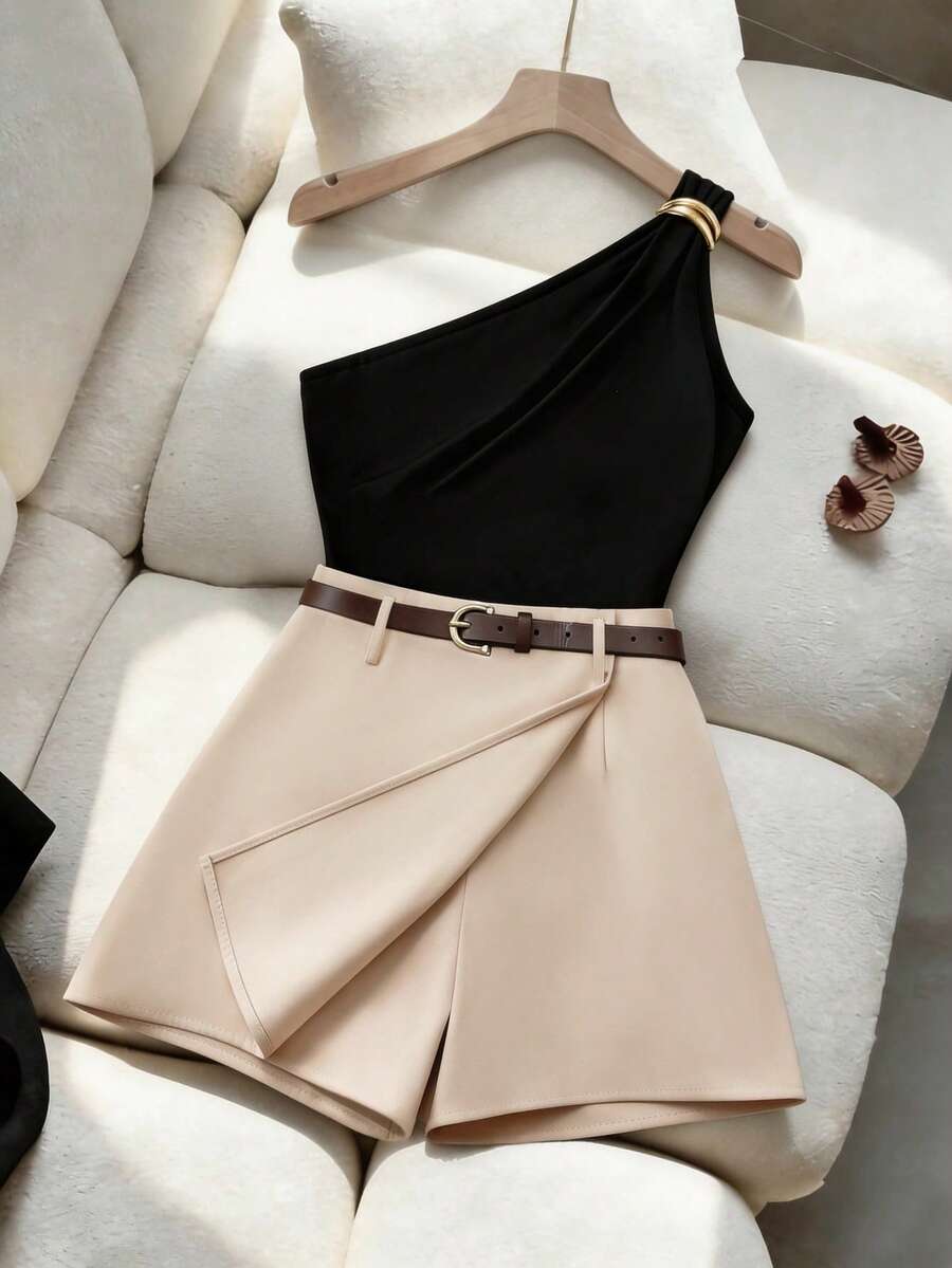 SHEIN Franclia 女士优雅通勤经典无袖金属黑色背心和二合一裙裤套装，春夏款 - 彩色 - 查看 1