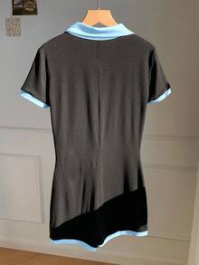 Attitoon Bộ jumpsuit phong cách sinh viên tối giản thường ngày, cổ áo polo, phối màu đen và xanh da trời, in chữ NY, thích hợp cho đầu thu, kiểu dáng đa năng, cổ điển, gợi cảm, dễ thương, phong cách Y2K, Coconut Girl, Boho, Hippie, lễ hội âm nhạc, thích hợp cho mùa thu/đông. - Màu xanh lam - Xem 3