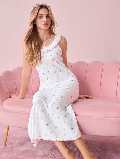 CottageSlumber 提花针织碎花荷叶边睡裙娃娃装，完美夏日，丰富的花卉华丽舒适优雅的细节