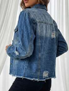 EMERY ROSE Women's Casual Washed Distressed Denim Jacket - Dark Wash - View 2