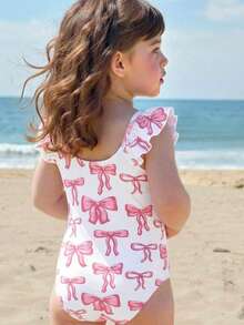 SHEIN Baby Girls' Cute Pink Bow Decor Flutter Sleeve One-Piece Swimsuit, Fashionable Casual Swimwear, Suitable For Girls, Swimming, Vacation, Beach, Pool, Photography, Summer Holiday Gift Baby Girl 3 Month OldBathing Suits Ruffle Sleeve Onsie Puppy Keep Baby Girl Bathing Suit Cap Sleeve Romper Swimsuit Beach Clothes - Pink - View 2