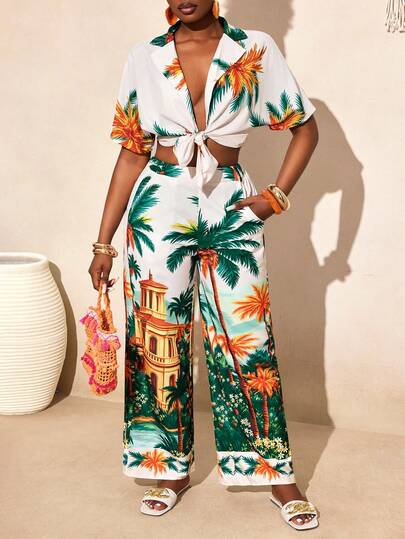 BamGleam Women's Summer Coconut Tree Print Short Sleeve Shirt And Long Pants 2 Pieces Vacation Set Beach Outfits For Women , Beach Outfit For Women , Beach Outfits , Beach Outfit ,, Summer , Summer Clothes  , Summer Outfits For Women , Summer Outfits ,  Summer Outfit For Women , Beach Vacation Outfits For Women , Vacation Outfits Women  , Holiday Outfits For Women  , Vacation  , Holiday  , Summer Holiday Outfits , Holiday Outfits  , Vacation Outfits For Women , Vacation Dresses Vacation Dress  , Beach Vacation Outfits For Women