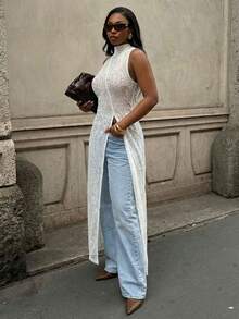 Radiana 大码女式时尚休闲性感优雅立领蕾丝透视开衩下摆上衣，适合都市、夏季、休闲、日常穿着，百搭，街头风，Coachella音乐节、西部风、音乐节、复古、极简主义、演唱会、狂欢派对、度假、外出、假期、假日、约会之夜、聚会、生日、单身派对、辣妹风、休闲、锐舞、端庄、时尚、夜店、可爱、休闲、购物、街头风、外出、Y2K、Y3K风格，易于搭配且显瘦，凸显身材，修饰曲线 - 白色 - 查看 3