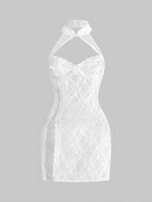 ROMWE Kawaii Sweet & Sexy New Chinese Style Spaghetti Strap Backless High Slit Dress With Thong Lingerie Set - White - View 1