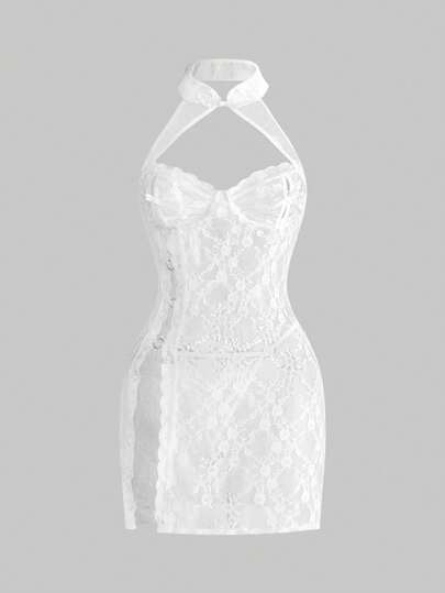 ROMWE Kawaii Sweet & Sexy New Chinese Style Spaghetti Strap Backless High Slit Dress With Thong Lingerie Set