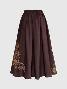 ROMWE Country Vintage Hippie Millennium Paisley Pattern Wooden Button Closure Plus Size Women Skirt - Brown - View 2