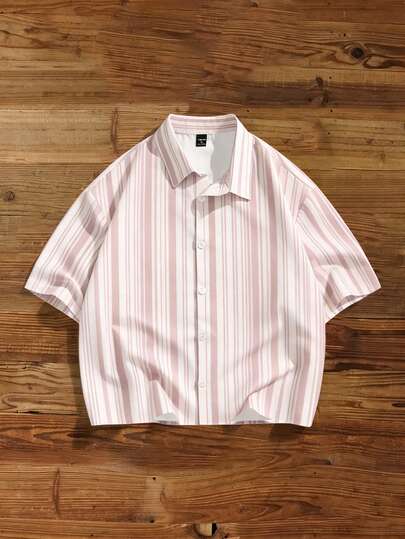 Manfinity Joysei Men's Casual Minimalist Dopamine Striped Loose Cropped Shirt, Suitable For Spring/Summer, Outdoor, School