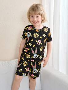 LOONEY TUNES X SHEIN Young Boy Cartoon Print Crew Neck Short Sleeve Top And Shorts Casual Sleepwear Set - Multicolor - View 4