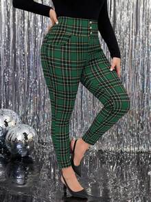 SHEIN Clasi Quần bó cạp cao kẻ caro thời trang cỡ lớn - màu xanh lá - Xem 4