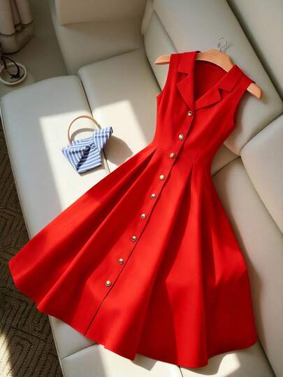 Franclia 优雅领口饰有纽扣，收腰A字无袖女式连衣裙