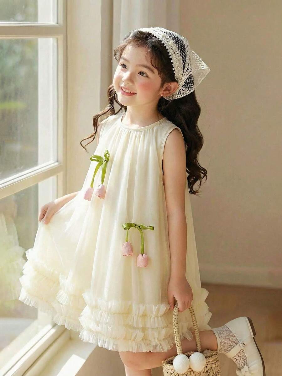SHEIN Vintaside Kids Đầm lưới không tay màu mơ mùa hè cho bé gái, điểm xuyết họa tiết hoa tulip, thích hợp mặc hàng ngày. - Màu be - Xem 1