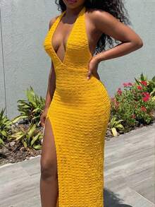 SHEIN BamGlam 2026 Nuevo vestido largo de moda para mujer, escote en V profundo, diseño de abertura alta, tela texturizada, estilo de vacaciones, adecuado para playas y fiestas. - Amarillo - Ver 4