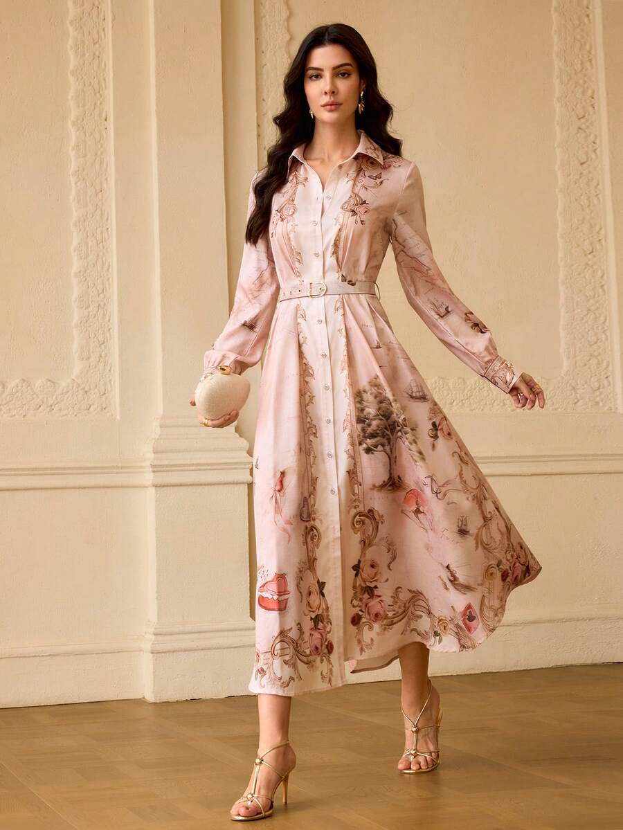 ZEYLAH WOMEN'S ELEGANT FLORAL PRINTED LONG SLEEVE MIDI DRESS - Multicolor - View 1