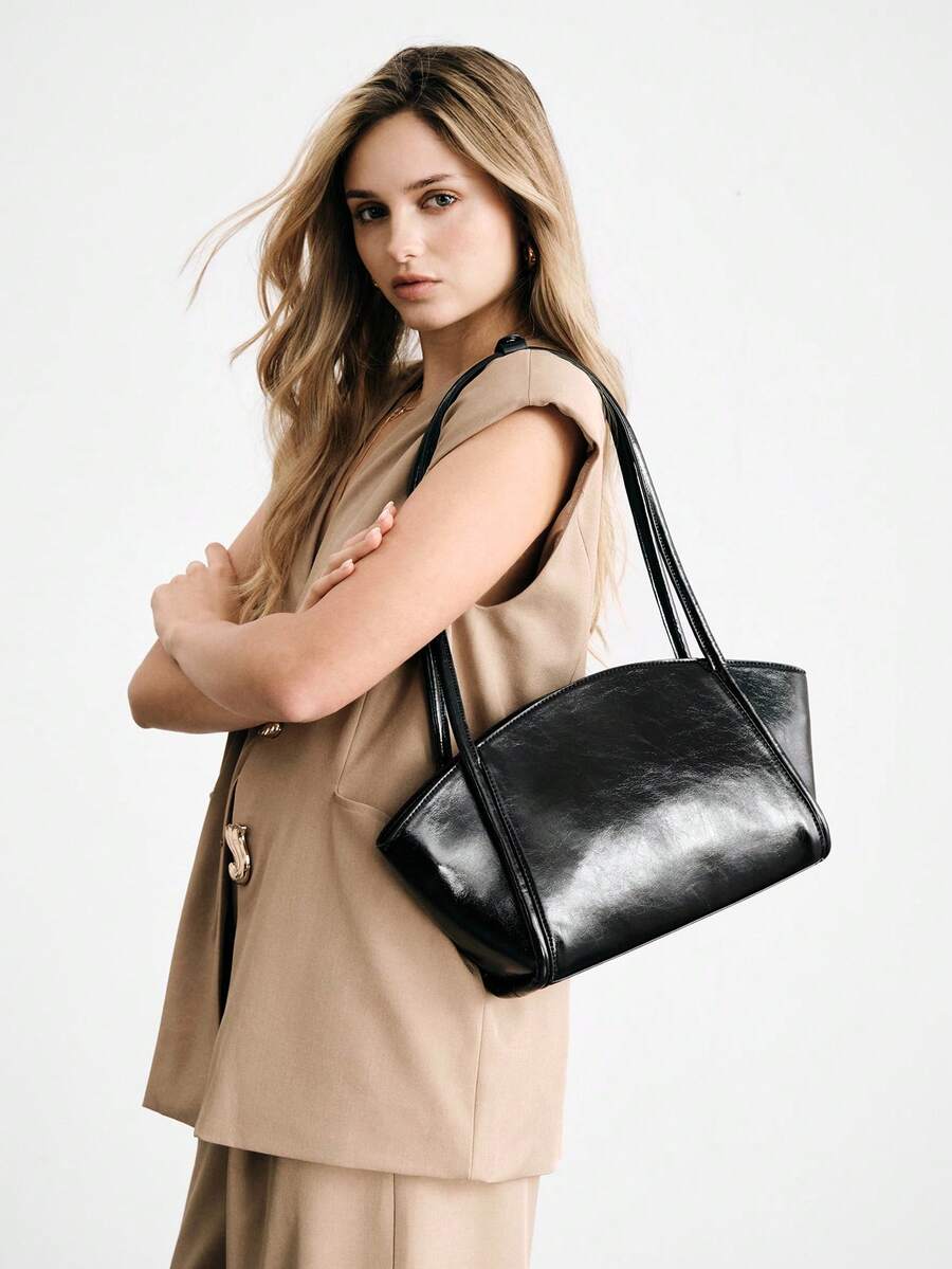 SHECARRY 女士单肩包，精致复古油蜡PU通勤手提包。 - 黑色 - 查看 1