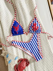 Swim Mod Bộ bikini kiểu dáng lãng mạn mùa xuân/hè mới, họa tiết sọc biển, cúp ngực tam giác, màu đỏ xanh, họa tiết tôm hùm và san hô, dễ thương, thời trang dành cho nữ, thích hợp cho kỳ nghỉ biển. - Nhiều màu - Xem 5