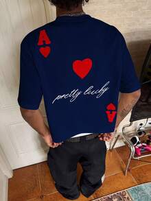 PAVTROS Men's Letter & Heart Print Casual Round Neck Short Sleeve T-Shirt, Summer - Navy Blue - View 5