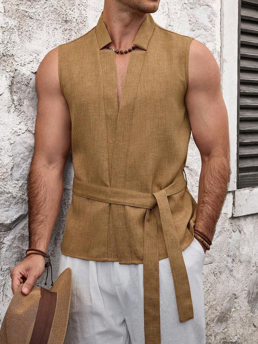 VENTUSAIL Men's Summer Casual Sleeveless Front-Open Shirt - Khaki - View 1