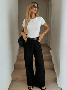 SHEIN LUNE Crew Neck All-Match Solid White Fitted Short Sleeve T-Shirt, Suitable For Spring/Summer,Summer Top - White - View 3