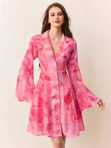 Aveloria Rosie 玫瑰黄印花雪纺领拼接A字短裙 - 玫紅色 - 查看 3