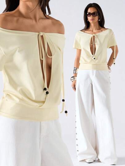 LYSMO 女士性感纯色镂空系带T恤，夏季