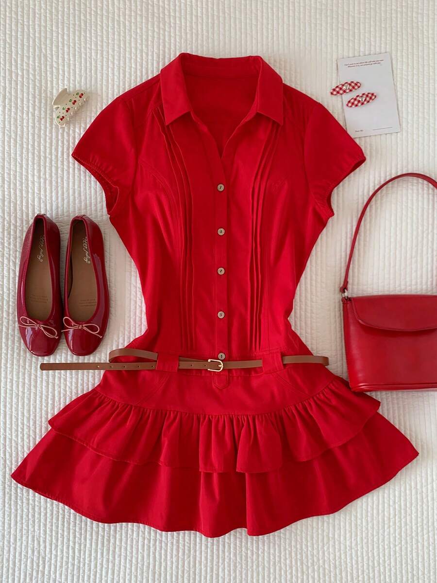 Comfortcana Women's Red Summer Cute Everyday Solid Cap Sleeve Single-Breasted Pleated Casual Shirt Dress,Festival Spring Outfit,Easter Beach Vacation Y2k Work - Red - View 1