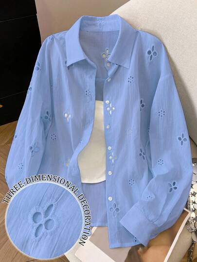 Airaco Camicia casual da donna a maniche lunghe con bottoni e ricamo in rete