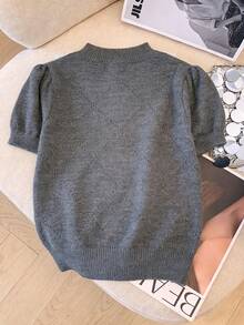 Franclia Suéter de punto nuevo para mujer de primavera/verano, diseño elegante y casual francés de ajuste ceñido, estilo coreano de alta gama con encaje, parche y manga farol con lazo - Gris - Ver 2