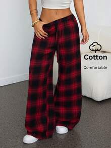 SHEIN PETITE 宽松红黑格子印花斜插口袋抽绳休闲裤 - 紅色 - 查看 7