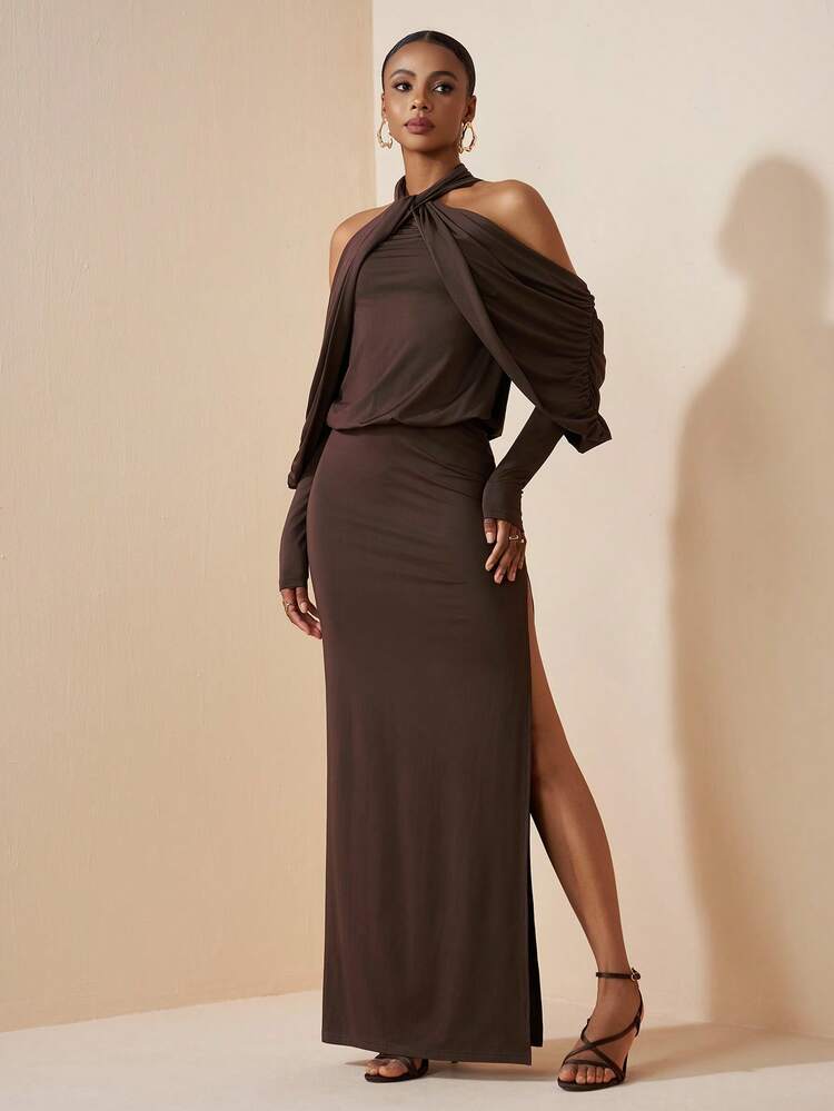 2026 Spring/Summer New Arrival Valentine's Day, Music Festival, Easter, Western, Nomadic, Bohemian, Nashville Style Party, Wedding, Evening, Date, Gathering, Birthday, College, Student, Daily Wear, Basic Versatile, Casual, Vacation, Cruise Travel, Beach, Sunbathing, Viral Hit, Elegant, Commute, Business Casual Halter Neck Criss-Cross Twist Long Sleeve Loose Top, Bodycon Long Dress, Dark Brown Maxi Dress, Spring/Summer Dress, Party Dress, Formal Dress, Women Dress Luxury Dresses For Women Wrap Ar - Coffee Brown - View 7