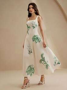 Anewsta Petite 女士优雅印花 A 字连衣裙，3D 立体花朵装饰，休闲日常穿着，适合日常、度假、海滩等场合。 - 綠色 - 查看 4