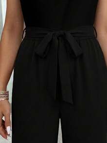 SHEIN LUNE 休闲简约纯黑色系带宽松大码女式连体裤，适合春夏度假穿着 - 彩色 - 查看 3