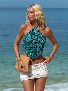 Sundraya 女士度假沙滩亮片露背吊带上衣 - 藍色 - 查看 5