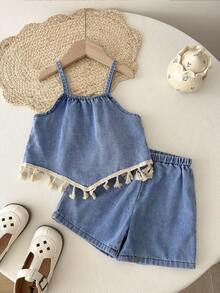 Blossori 2pcs/Set Young Girl'Blue Tassels Denim Camisole Top With Fringe Hem And Loose Shorts,Kid Girls Summer Spring Casual Country Boho Beach Outfits Set - Light Wash - View 6