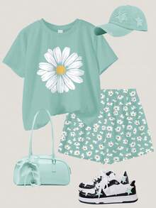 Tween Girl Mint Green Daisy Print Short Sleeve T-Shirt And Shorts 2-Piece Set,Cute Casual Summer Vacation Flower Outfits,Boho Minimalist Spring Set - Multicolor - View 3