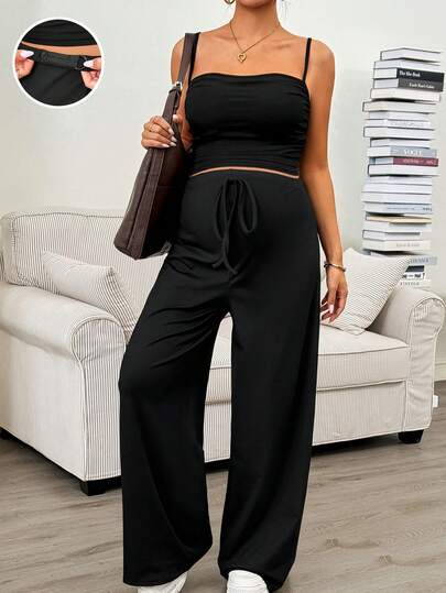 Modmama 孕妇休闲纯色吊带背心和裤子两件套，夏季