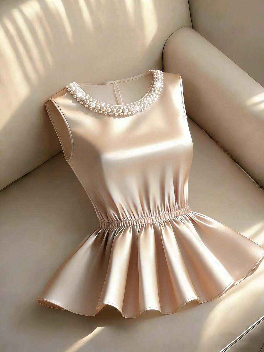 Franclia Camiseta sin mangas ajustada y casual con cuello redondo elegante y minimalista, con volantes en el bajo y adornada con perlas - Champán - Ver 1